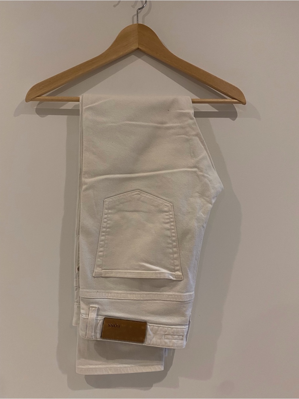Boss White Jeans with Tan Leather Logo Patch